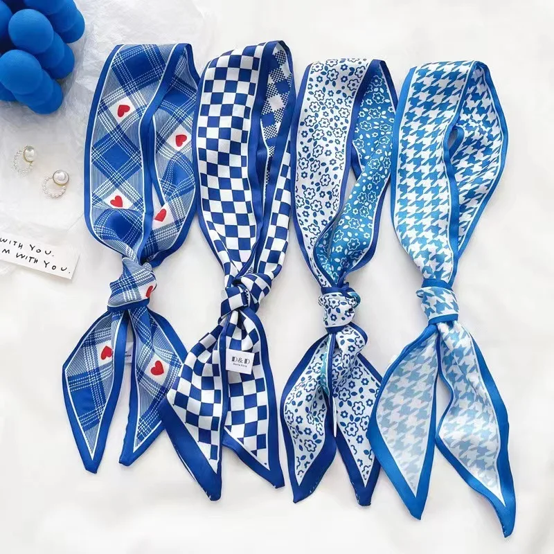 Ascot Neck Scarf - Syal sutra biru Klein, ikat kepala